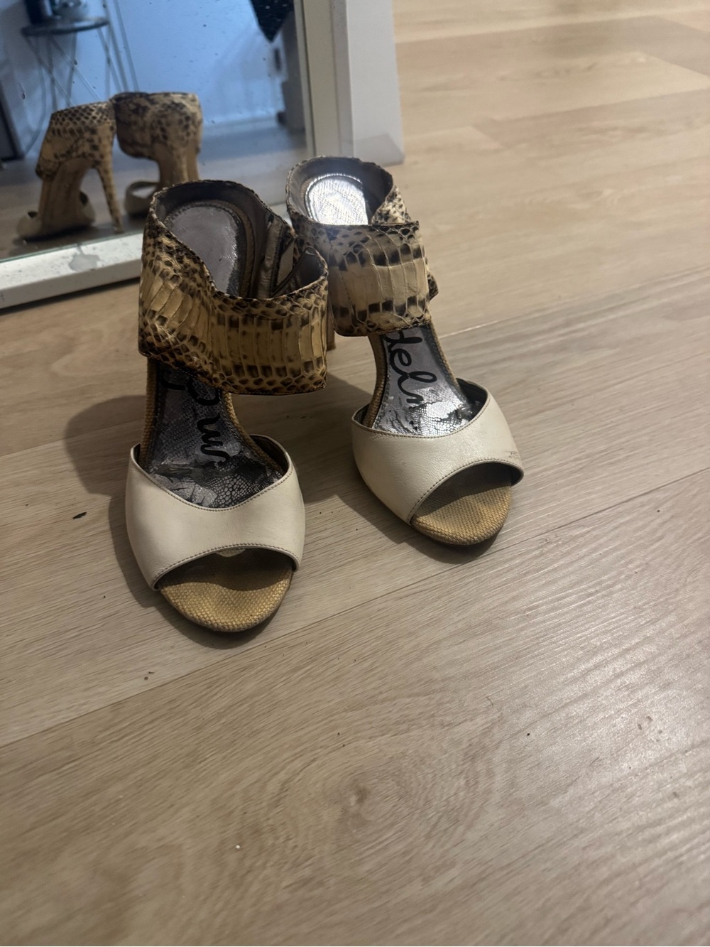 Sam Edelman Two-Tone Ankle Strap Heels in Cream and Brown Snake-Print